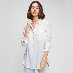 Old Navy Long Sleeve White Linen/Cotton Blend Tunic Shirt Pockets Relaxed Fit